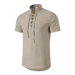 Men's retro casual lace-up henley collar short sleeve shirt close-up detail view