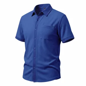 Waffle knit texture short sleeve shirt detail, lapel collar with chest pocket, casual men wear