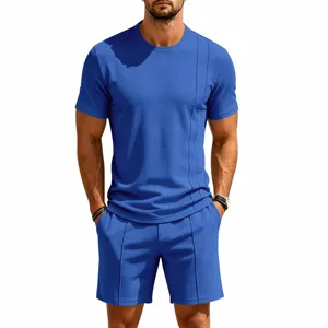Close-up view of the men's waffle knit short sleeve t-shirt and shorts casual set details.