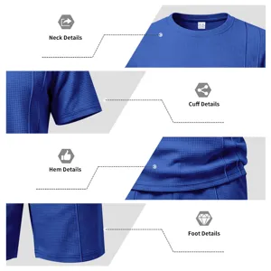 Detail view of men's blue waffle crewneck short-sleeve top and shorts set showing fine texture.
