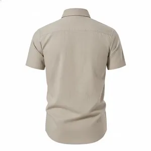Back view detail of men casual short sleeve shirt in khaki color with neat collar design