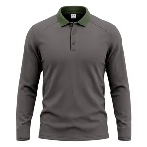 Detailed view of men's long sleeve polo shirt, featuring a contrasting ribbed collar and buttons.