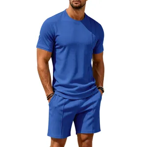 Men's summer casual waffle knit short sleeve t-shirt and shorts set comfortable sportswear