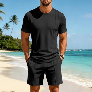 Men waffle short sleeve and shorts casual set summer beach outfit in solid black style.