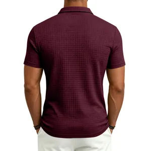 Men's short sleeve waffle knit polo shirt casual business zip up top burgundy summer.