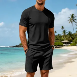 Men's black waffle knit short sleeve set detail, casual summer beach vacation wear outfit.