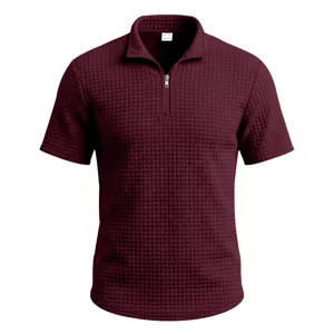 Men's waffle knit short sleeve polo shirt, vintage grid textured quarter zip top casual summer.