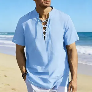 Detailed view of the light blue casual lace-up henley short sleeve shirt for men.