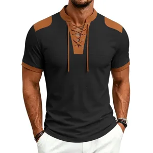 Men's summer waffle knit short sleeve t-shirt with contrast color block and lace up design.