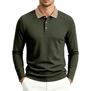 Men's long sleeve polo shirt casual contrast ribbed lapel business daily wear pullover top