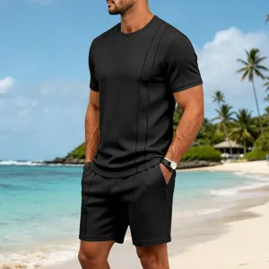 Close-up detail view showcasing the textured waffle knit fabric of this summer beach set.