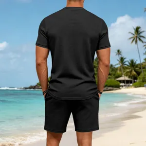 Men's summer black waffle knit short sleeve t-shirt and shorts casual matching set