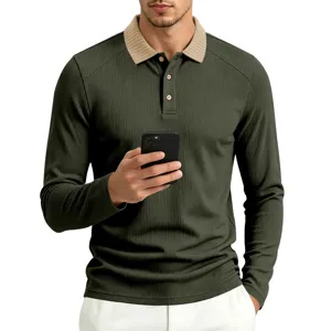 Detail view of men long sleeve polo shirt with contrast collar and textured fabric styling.
