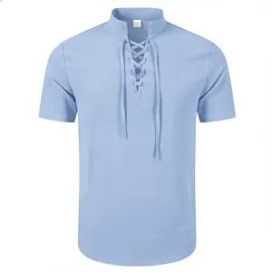 Men vintage lace-up short sleeve shirt casual mandarin collar solid color summer top