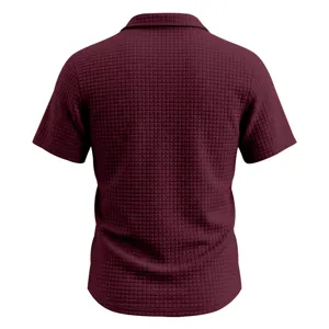 Mens short sleeve jacquard polo shirt casual textured grid summer top burgundy business apparel