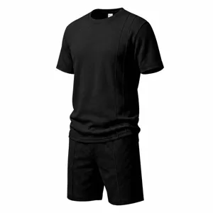 Men's black waffle knit short sleeve t-shirt and shorts set casual summer outfit details view