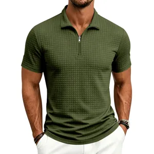 Men's retro textured grid short sleeve zip polo shirt casual business summer top.