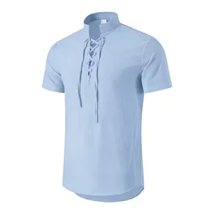 Detail view of men casual light blue lace up henley short sleeve retro shirt collar view