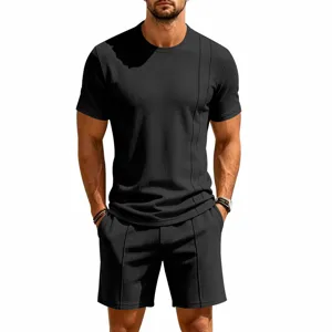 Men black waffle short sleeve shorts set casual summer outfit detailed view showing texture.