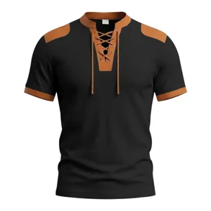 Men's short sleeve waffle knit t-shirt with contrast color lace-up V-neck casual top.