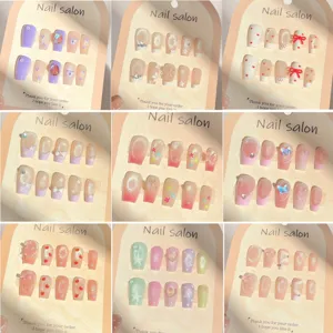 Set di unghie finte fatte a mano manicure strass occhio di gatto francese assortimento