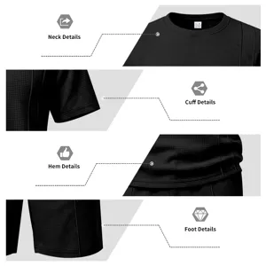 Detailed view of the black waffle knit short sleeve t-shirt and shorts set neck and cuff.