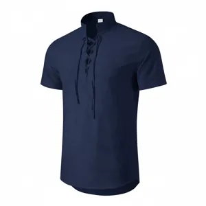Men's retro casual lace-up short-sleeve shirt, solid dark blue summer top with classic collar.