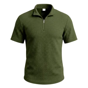 Men's Summer Short Sleeve Polo Shirt Vintage Waffle Knit Metal Zipper Collar Casual Top