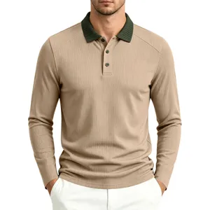 Men's casual long sleeve polo shirt khaki with green contrast lapel knit top for spring.