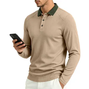 Men's long sleeve polo shirt, khaki knit top with contrast dark green ribbed lapel collar.