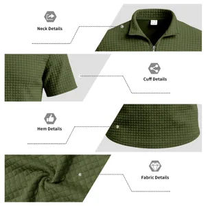 Men's grid short sleeve polo shirt detail view, vintage stand collar zipper design.