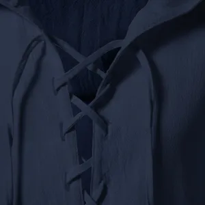 Men's retro casual lace-up hooded shirt detail view, breathable fabric for daily wear.