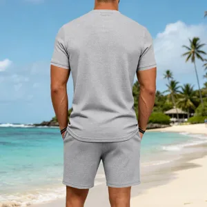 Back view detail of men casual waffle knit short sleeve t shirt and shorts beach set.