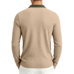 Back view of men's long sleeve knit polo shirt in khaki with dark green ribbed collar detail.