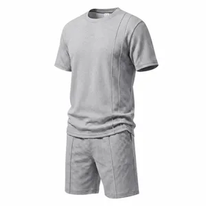 Men's grey waffle knit short sleeve t-shirt and shorts set casual sportswear outfit