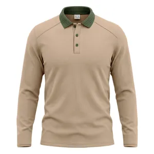 Detail view of the khaki long-sleeve polo shirt featuring a contrast green knit collar and buttons.