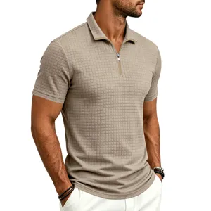 Men's retro jacquard grid short sleeve polo shirt with metal zipper stand collar casual top.