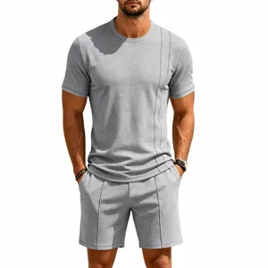 Detailed view of the grey waffle knit fabric and vertical line design on the summer men's casual short set.