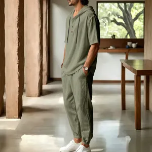 Men casual loose linen hooded short sleeve and long pants set summer beach style detail