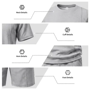 Men's waffle knit short sleeve t-shirt and shorts set detail view showing neck and hem.
