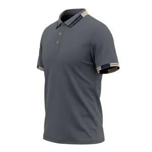 Polo de manga corta para hombre en gris oscuro con detalles de cuello y puños a rayas.
