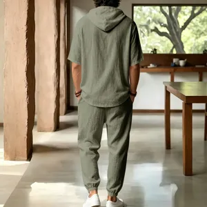Men's casual loose linen hooded short sleeve top and trousers matching set for summer.