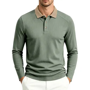 Men's long sleeve knit polo shirt with contrast ribbed collar casual slim fit top new
