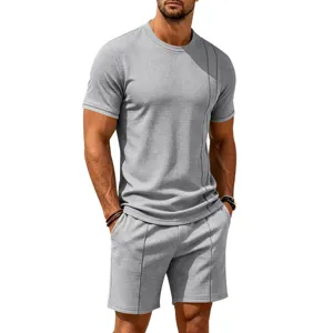 Men's casual waffle knit short sleeve t-shirt and shorts set summer outfit details.