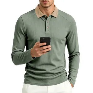 Close-up detail of the men's long-sleeve polo shirt featuring a ribbed lapel and buttons.
