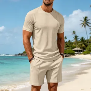 Men summer casual waffle knit short sleeve t-shirt and shorts set beach wear outfit.