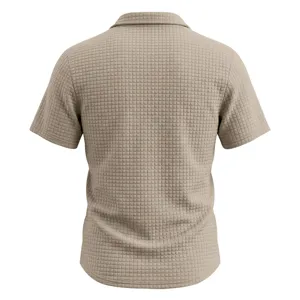 Close-up back view of men's waffle knit short sleeve polo shirt in casual style texture.
