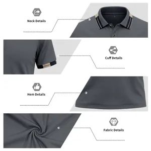 Primer plano detallado del polo para hombre con cuello de canalé, puños y tejido de secado.