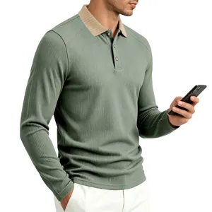 Detailed view of men's long sleeve polo shirt with contrast ribbed lapel for casual style.