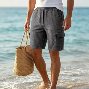 Men waffle cargo shorts casual beach outdoor summer solid color five-point trousers detail